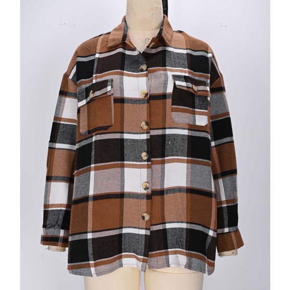 AUNVITO Women's Casual Checkered Shirt Jacket Long Sleeve Loose Fit Open Front Lightweight Polyester Outerwear