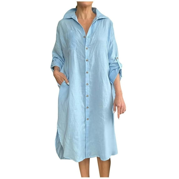 AUNVITO Women's Casual Cotton-Linen Dress Long Sleeve Lapel Collar Button Front Solid Color Relaxed Fit