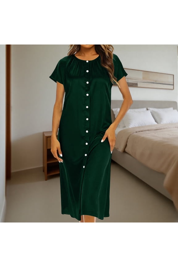 Women's Casual Dress Drop Shoulder Casual Fit Round Neck with Gather Details and Button Accents for Home Comfort Style