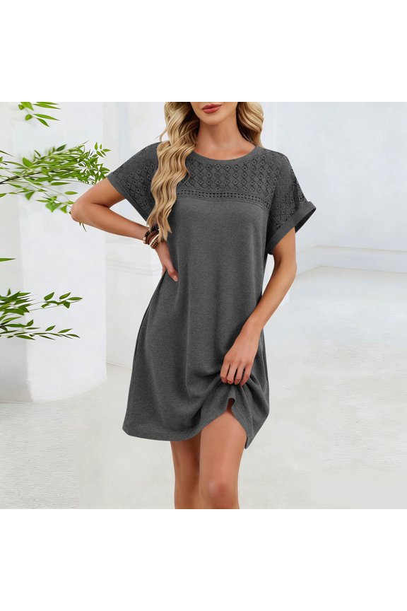 Women's Casual Dress Round Neck Short Sleeve Lace Trim Comfortable and Chic Style