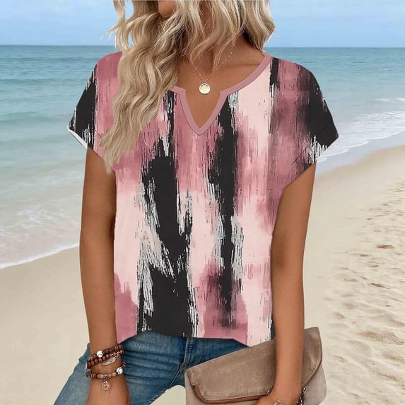 AUNVITO Women's Casual Fashion T-Shirt Short Sleeve V Neck with All-Over Print for Spring Summer
