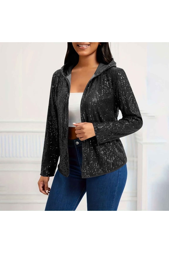 Women's Casual Hooded Jacket with Sparkle Trim Long Sleeve Lightweight Zip Up Outerwear