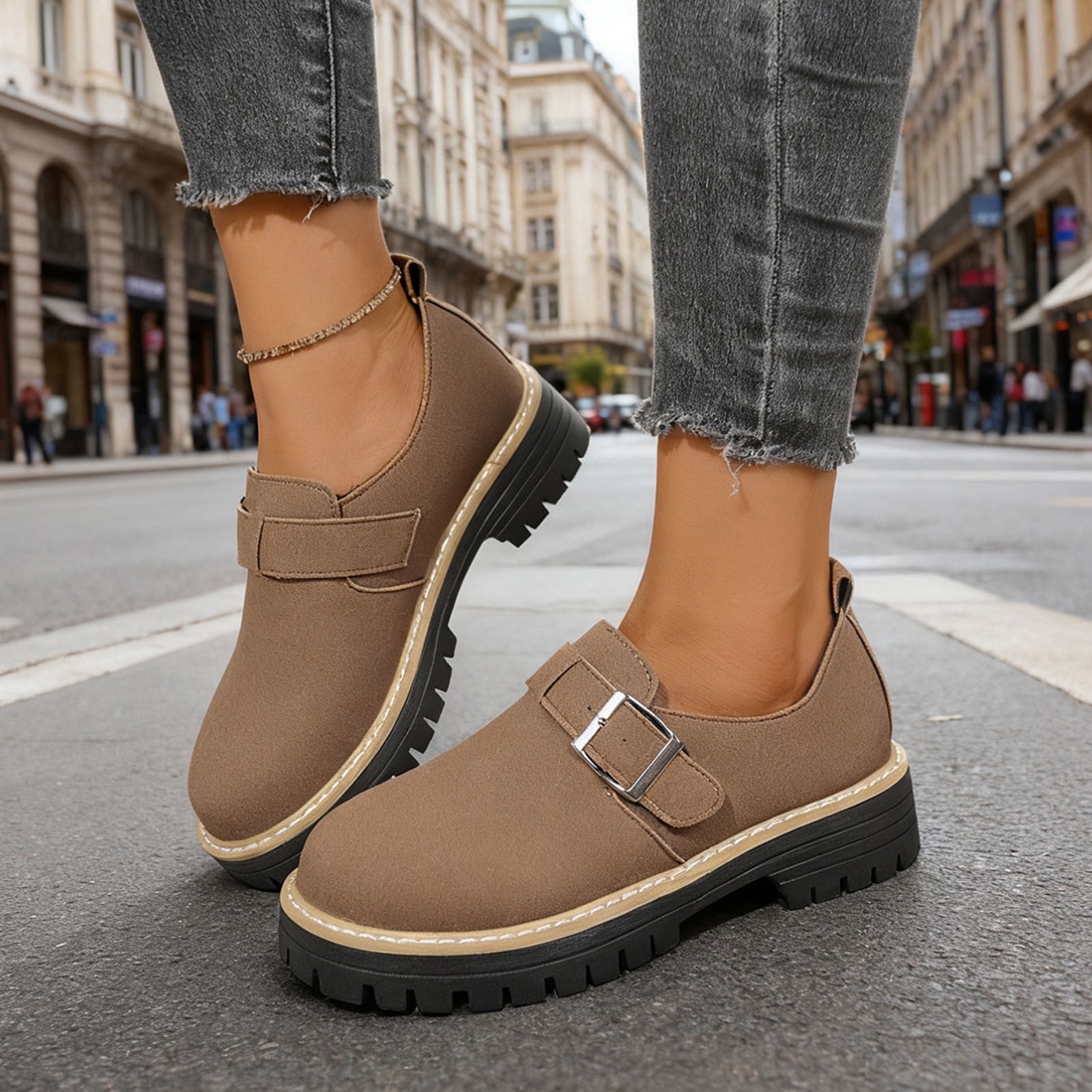Women's Casual Loafers Metal Buckle Platform Shoes Slip-On British Retro Thick Sole Black/Brown