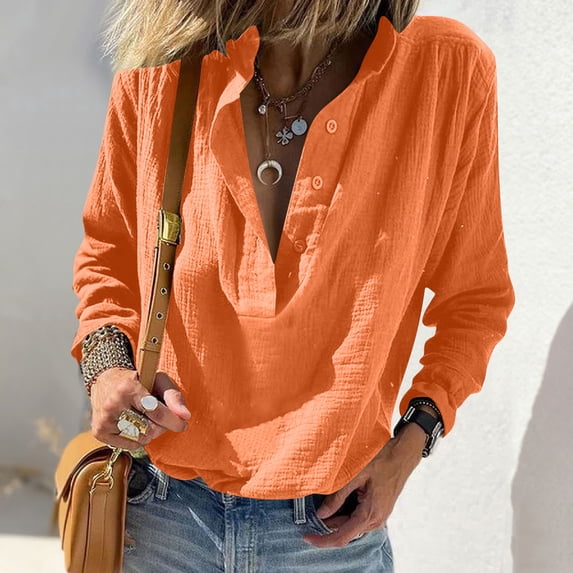 AUNVITO Women's Casual Long Sleeve Button Down V-Neck Shirt Soft Stretchy and Comfortable
