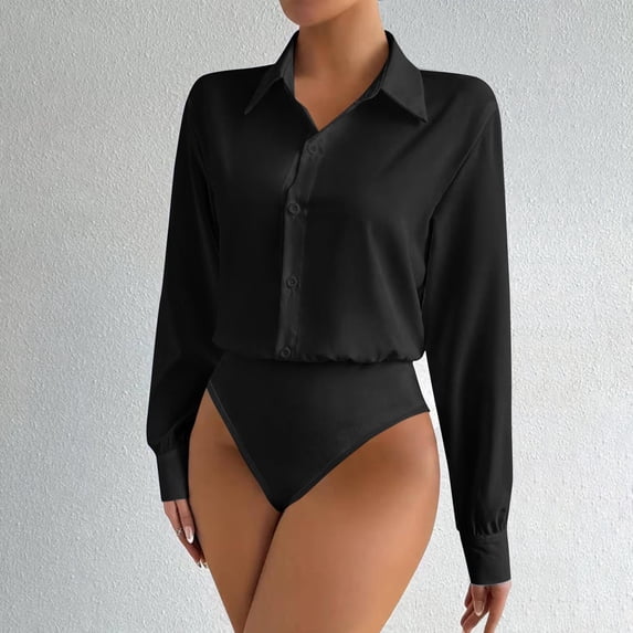 AUNVITO Women's Casual Long Sleeve Collared Button Front Shirt Solid Color Versatile Style