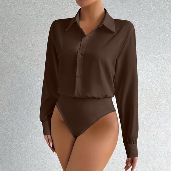 AUNVITO Women's Casual Long Sleeve Collared Button Front Shirt Solid Color Versatile Style