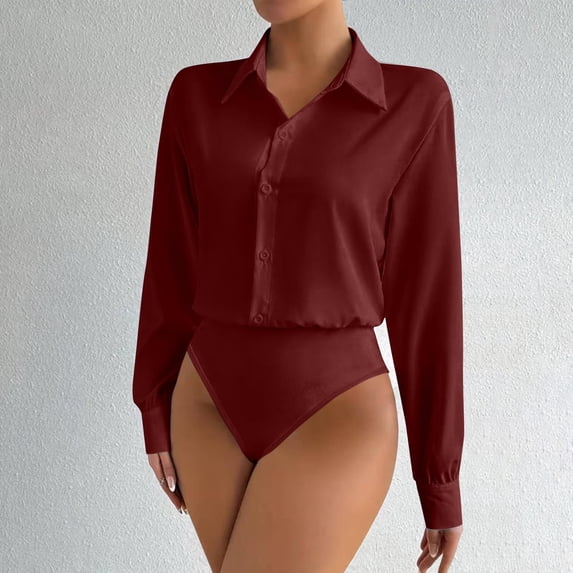 AUNVITO Women's Casual Long Sleeve Collared Button Front Shirt Solid Color Versatile Style