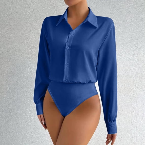 AUNVITO Women's Casual Long Sleeve Collared Button Front Shirt Solid Color Versatile Style