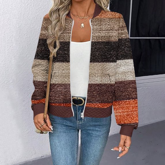 AUNVITO Women's Casual Long Sleeve Printed Sweatshirt with Pockets & Zipper, Soft Stretchy Fabric Lightweight Comfortable Round Neck Tops for Daily Wear