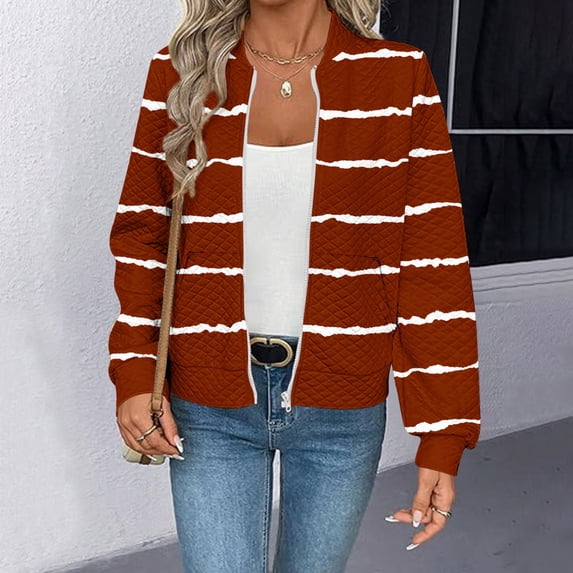 AUNVITO Women's Casual Long Sleeve Printed Sweatshirt with Pockets & Zipper, Soft Stretchy Fabric Lightweight Comfortable Round Neck Tops for Daily Wear