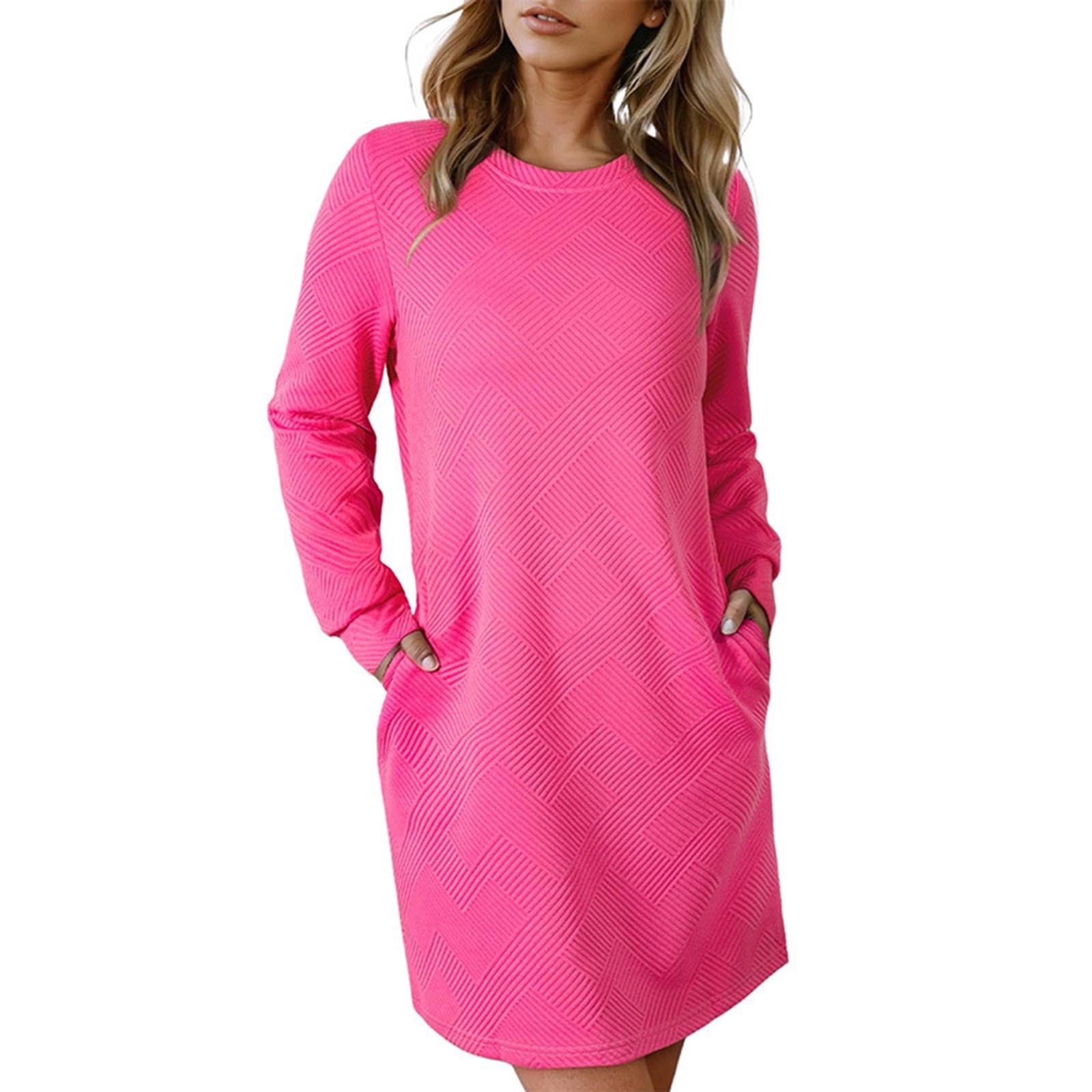 AUNVITO Women's Casual Long Sleeve Round Neck Pocket Dress with Nylon &  Spandex Matte Finish - Walmart.com