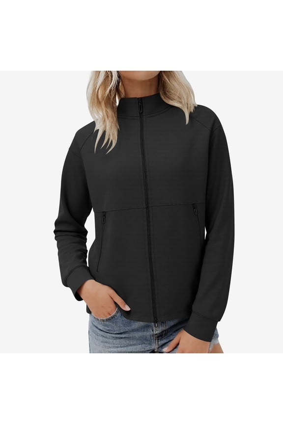 Women's Casual Long Sleeve Zipper Jacket Lightweight Windbreaker Loose Fit No Hood Outerwear