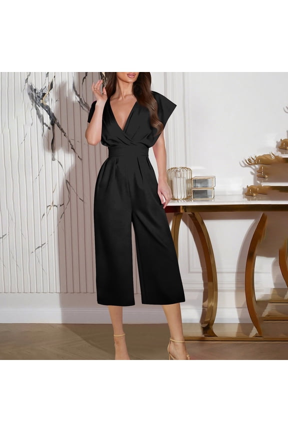Women's Casual Loose Fit V-Neck Jumpsuit with Pockets Elastic Waist Summer Solid Rompers
