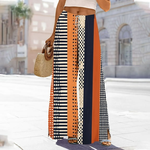 AUNVITO Women's Casual Loose Fit Wide Leg Pants with Elastic Waist, Drawstring, Side Pockets & Slit Design for Beach Holiday & Daily Wear