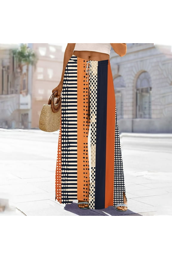 Women's Casual Loose Fit Wide Leg Pants with Elastic Waist, Drawstring, Side Pockets & Slit Design for Beach Holiday & Daily Wear