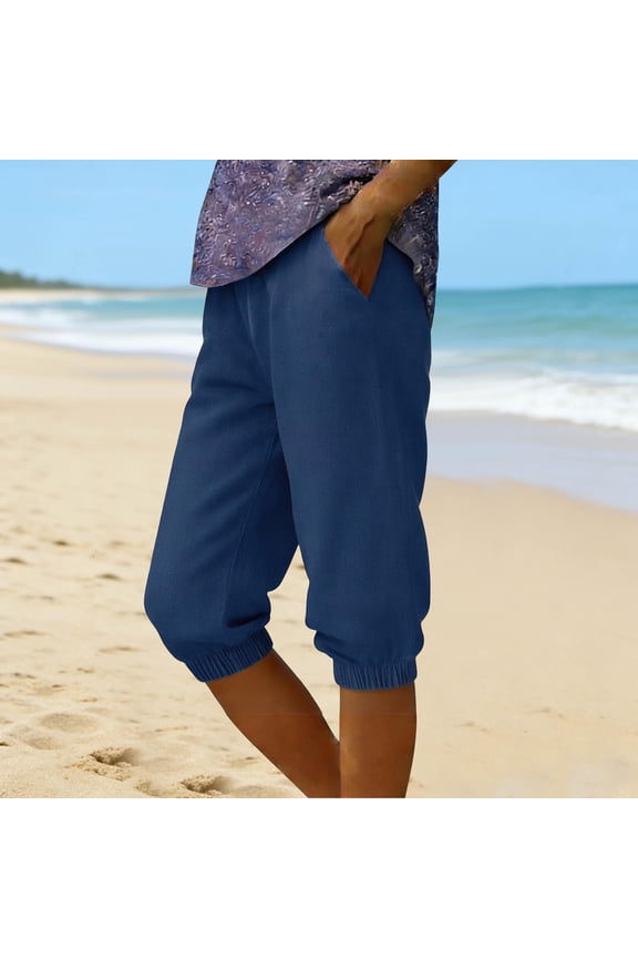Women's Casual Pants Cuffed Ankle with Pockets Elastic Waist Trendy and Comfortable