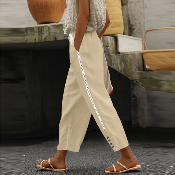 AUNVITO Women's Casual Pants Side Seam Detail Button Elastic Waist Pocket Straight Leg Comfortable Style