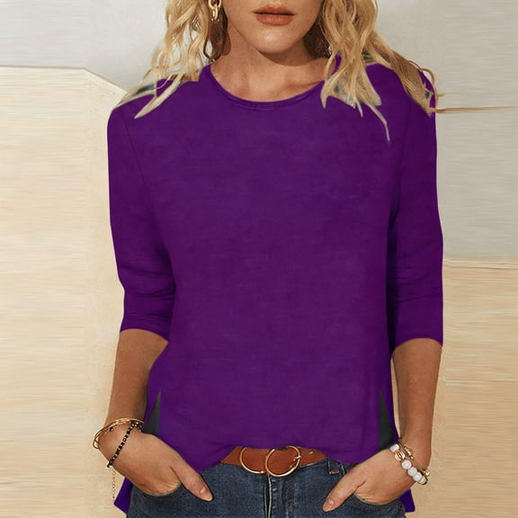 AUNVITO Women's Casual Pullover Top with Round Neck and Three-Quarter Sleeves for Everyday Wear