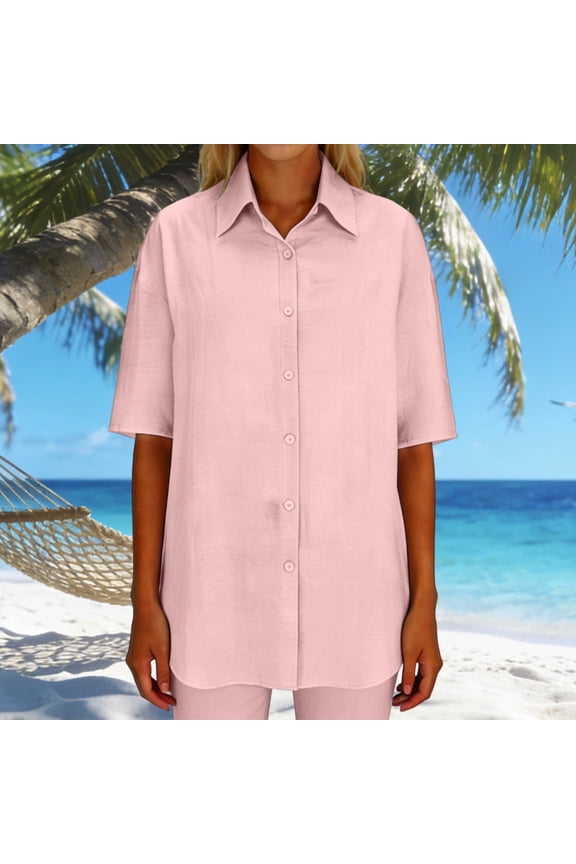 Women's Casual Resort Short Sleeve Shirt with Turn-Down Collar and Hidden Button Placket