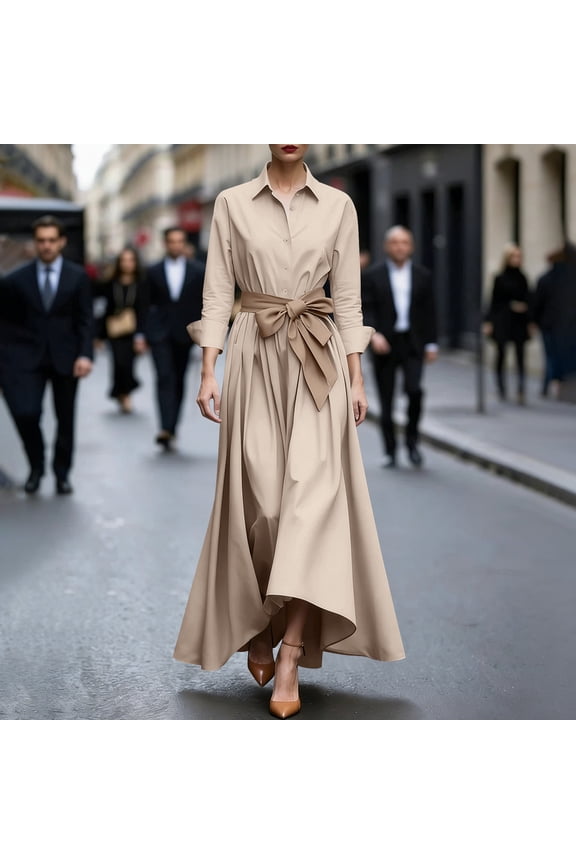 Women's Casual Shirt Collar Belted Long Sleeve Dress Trench Style Pure Color