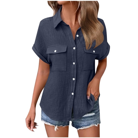 AUNVITO Women's Casual Shirt Notched Collar Button Front Pocket Short Sleeve Solid Color Comfortable 100% Cotton Breathable for Everyday Wear
