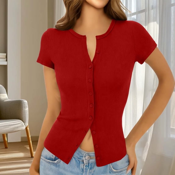 AUNVITO Women's Casual Shirt Short Sleeve Button Down Lightweight Knit Top Casual and Trendy Style