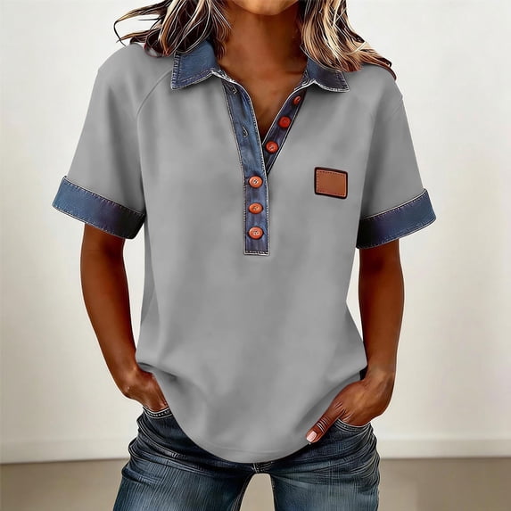 AUNVITO Women's Casual Short Sleeve Top with Button Down Collar Denim Patchwork Casual Sporty Style