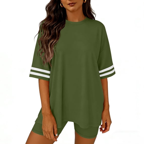 AUNVITO Women's Casual Shorts Set with Short Sleeve Round Neck Top and Comfortable Shorts Solid Color Summer Outfit