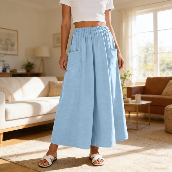 AUNVITO Women's Casual Skirt Elastic Waist Loose Fit with Pockets Ankle Length Fashion Casual Style