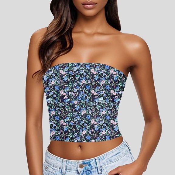 AUNVITO Women's Casual Sleeveless Print Bandeau Top with Round Neck Lightweight and Stretchy for Everyday Wear