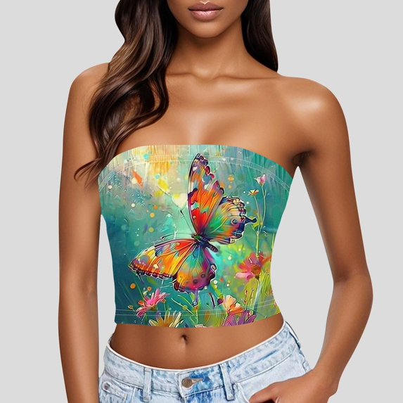 AUNVITO Women's Casual Sleeveless Print Bandeau Top with Round Neck Lightweight and Stretchy for Everyday Wear