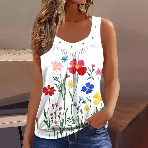 AUNVITO Women's Casual Sleeveless V-Neck Tank Top with Allover Print Stretchy and Comfortable Loose Fit Casual Style