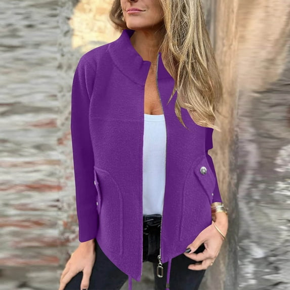 AUNVITO Women's Casual Solid Color Coat Zipper Front Color-Block Design Long Sleeve Polyester Jacket With Pockets Lightweight Outerwear No Hood