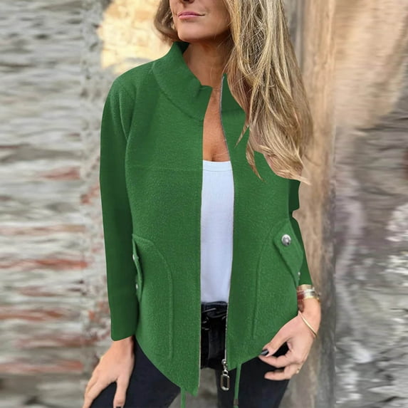 AUNVITO Women's Casual Solid Color Coat Zipper Front Color-Block Design Long Sleeve Polyester Jacket With Pockets Lightweight Outerwear No Hood