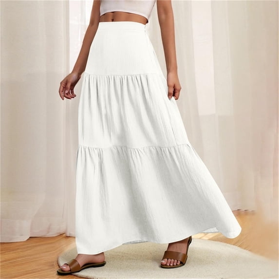 AUNVITO Women's Casual Solid Color Elastic Waist Wave Ruffle Ankle Length Skirt
