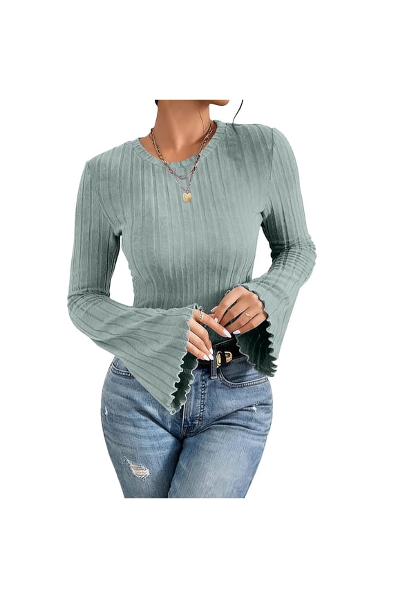 Women's Casual Solid Color Flared Long Sleeve Top Loose Fit Comfortable for Everyday Wear