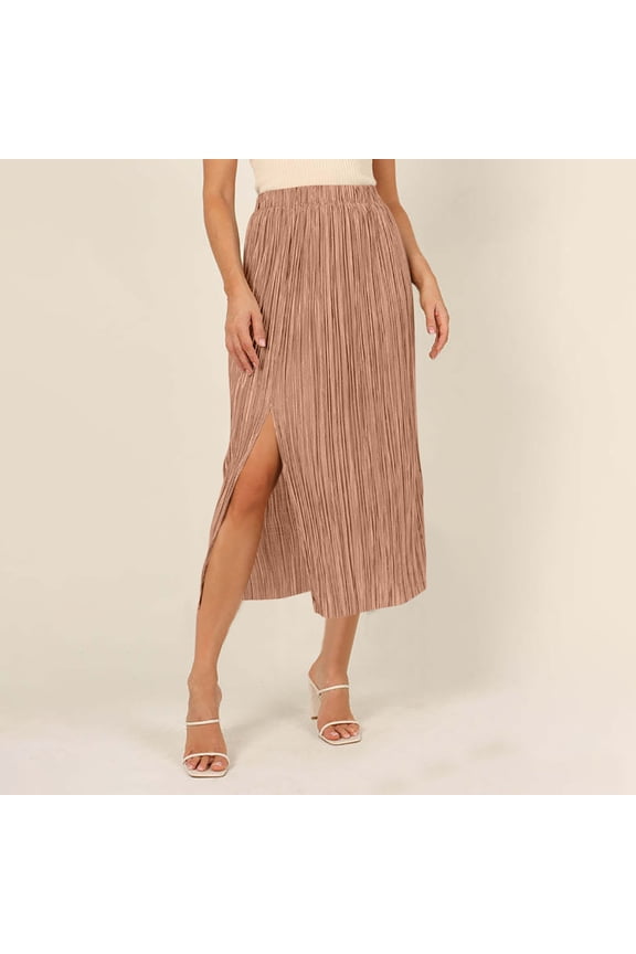 Women's Casual Solid Fold Elastic Waist Split Hem Skirt with Pockets