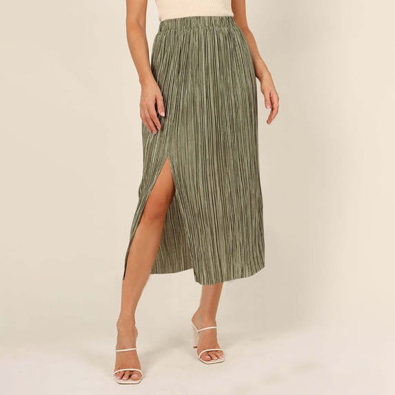 AUNVITO Women's Casual Solid Fold Elastic Waist Split Hem Skirt with Pockets