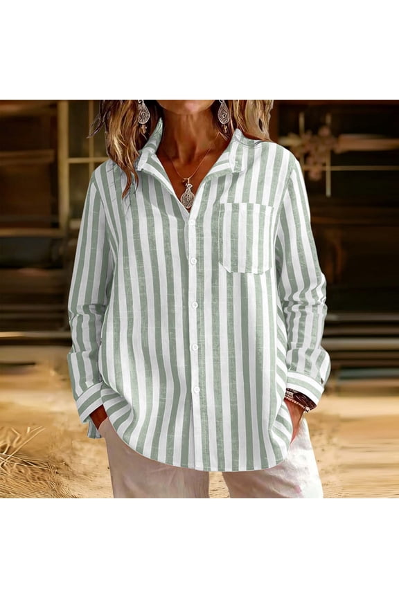 Women's Casual Striped Top Notched Collar Front Pocket Long Sleeve Relaxed Fit and Trendy