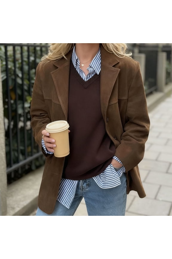 Women's Casual Suit Jacket Long Sleeve Loose Regular Fit Imitation Suede Blazer Coffee Color Autumn Winter Fashion Outerwear