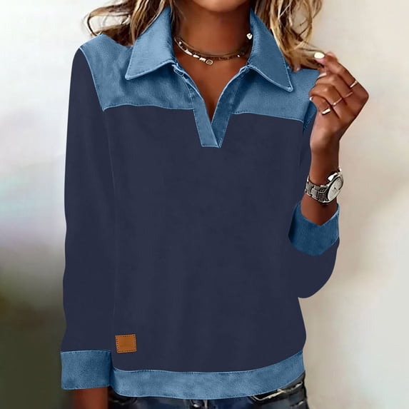 AUNVITO Women's Casual Sweatshirt Long Sleeve Button-Down Collar Denim Patch Cuff Hem Pullover Comfortable and Stylish