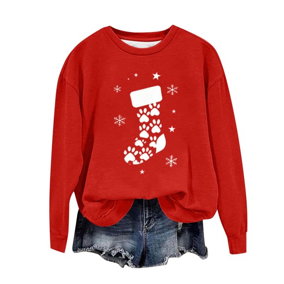 AUNVITO Women's Casual Sweatshirt Round Neck Drop Shoulder Long Sleeve with Stylish Print Versatile and Trendy Daily Wear