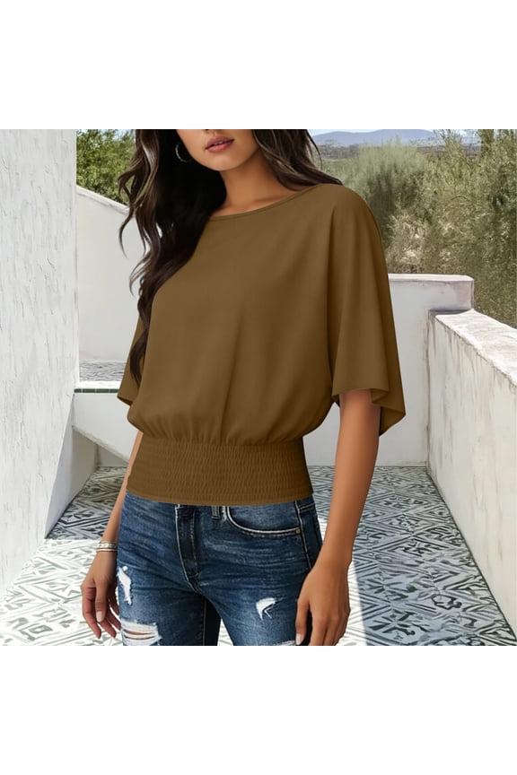 Women's Casual T-shirt Round Neck Short Sleeve with Elastic Hem Loose Fit Fashionable Style