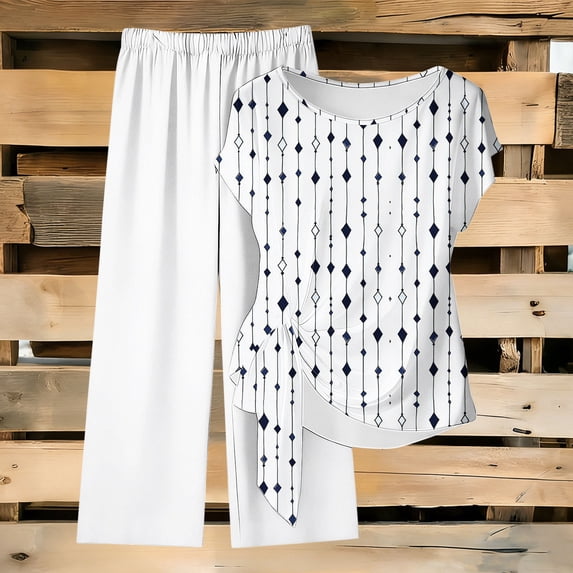 AUNVITO Women's Casual Two-Piece Set Loose Fit Drawstring Pants and Round Neck Short Sleeve Top with All Over Print Fashion Casual Outfit