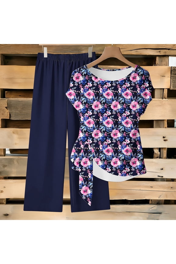 Women's Casual Two-Piece Set Loose Fit Drawstring Pants and Round Neck Short Sleeve Top with All Over Print Fashion Casual Outfit