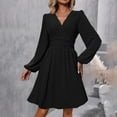 thumbnail image 1 of AUNVITO Women's Casual V-Neck Long Sleeve Dress Solid Color Knee-Length Stretchy Matte Finish Nylon Spandex Blend, 1 of 7