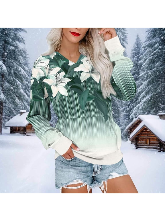 Women's Casual V-Neck Long Sleeve Drop Shoulder Sweatshirt with Pockets Loose Fit Stylish Loungewear