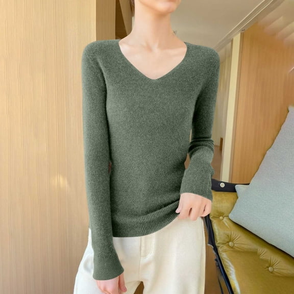 AUNVITO Women's Casual V-Neck Long Sleeve Pullover Sweater for Everyday Fashion