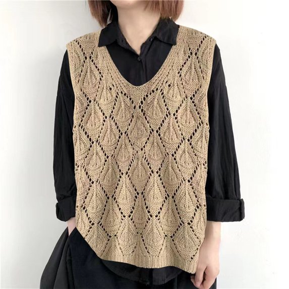 AUNVITO Women's Casual V-neck Sleeveless Knit Vest Loose Fit Openwork Versatile Style