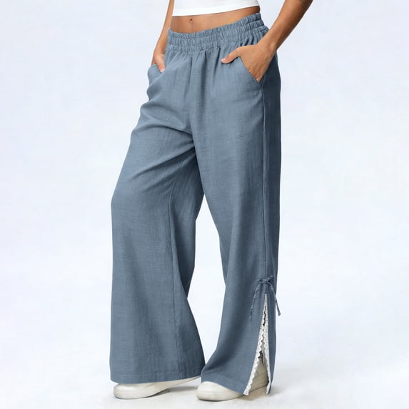 AUNVITO Women's Casual Wide Leg Pants with Lace Trim Drawstring-Free Comfortable Fit